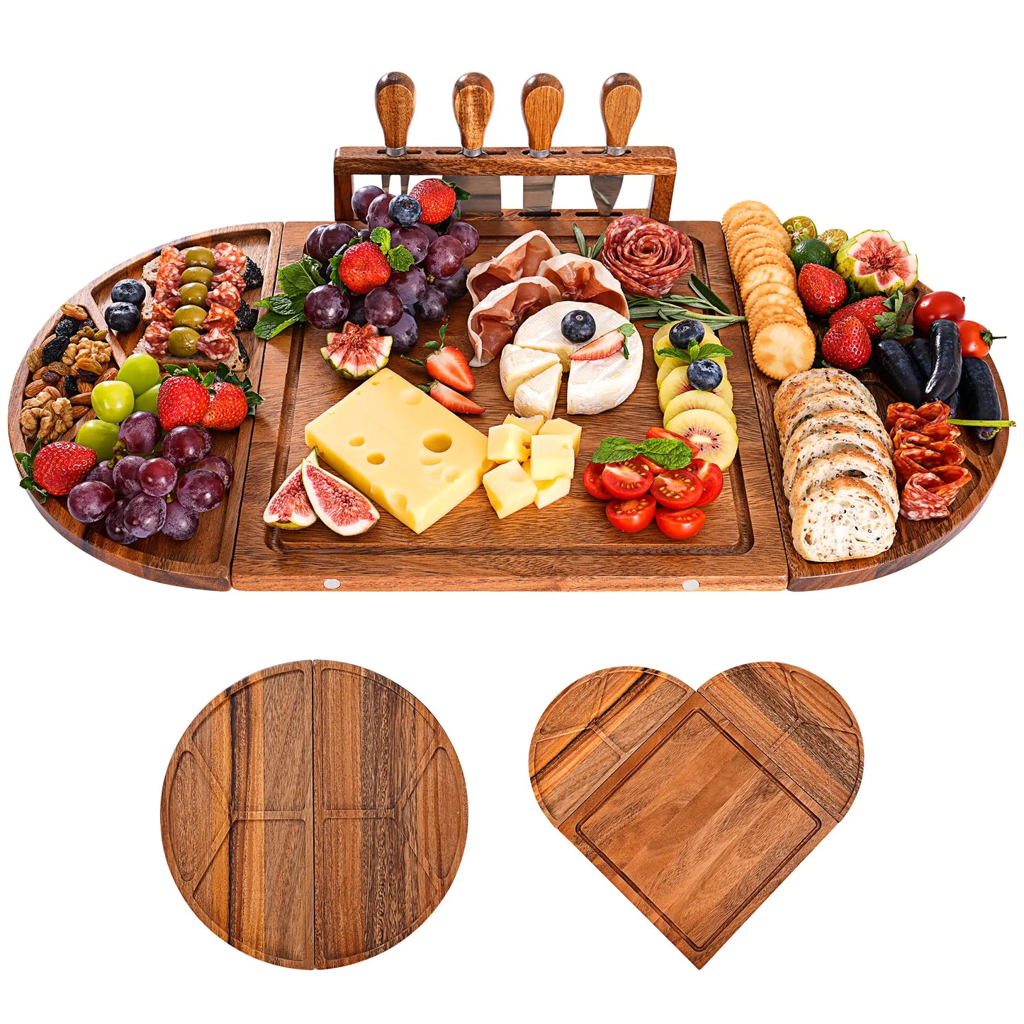 Easoger Acacia Wood Charcuterie Set - Magnetic 3 Piece Grazing Boards with Knives